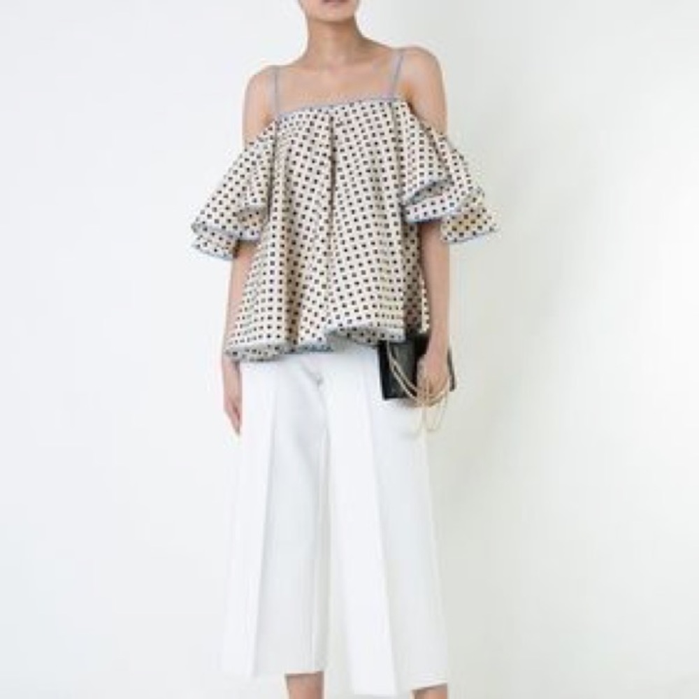 Anna October Ruffle polka dot Top off shoulder Green S